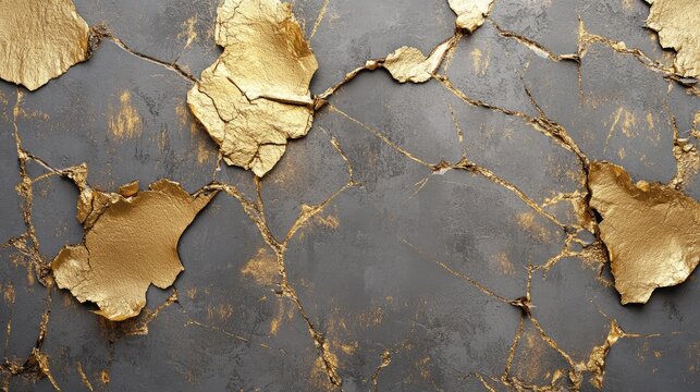 Texture of aged torn gold pieces on gray background - Powered by Adobe