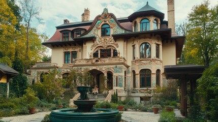 An ornate mansion building surrounded by lush trees and a water fountain