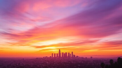 The Vibrant Colors of Sunset Over A Distant City Skyline