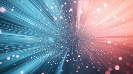 Abstract fiber optic light burst in shades of sky blue and soft pink, glowing particles expanding outward, high-speed data transmission effect, digital futuristic motion, depth and dynamic energy.