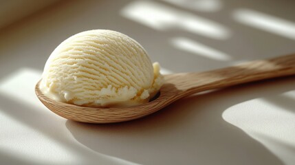 Creamy Vanilla Ice Cream Scoop on Wooden Spoon Delicious Summer Treat Close Up