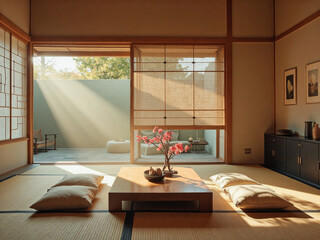 A traditional Japanese room with tatami mats, sliding doors, and a minimalist interior design.