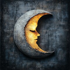 Elegant crescent moon with face silhouette glowing softly against a textured dark background, artful representation of night and tranquility.