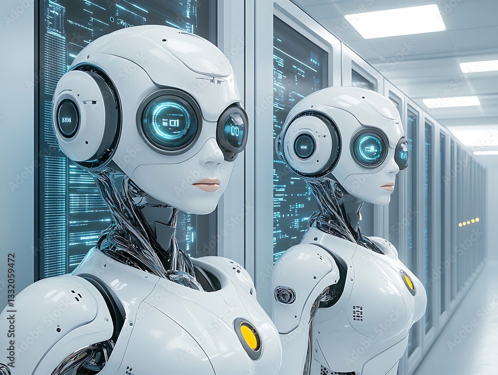 Poster two futuristic robots standing in a server room looking forward