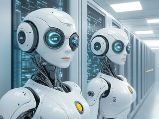 Two futuristic robots standing in a server room looking forward