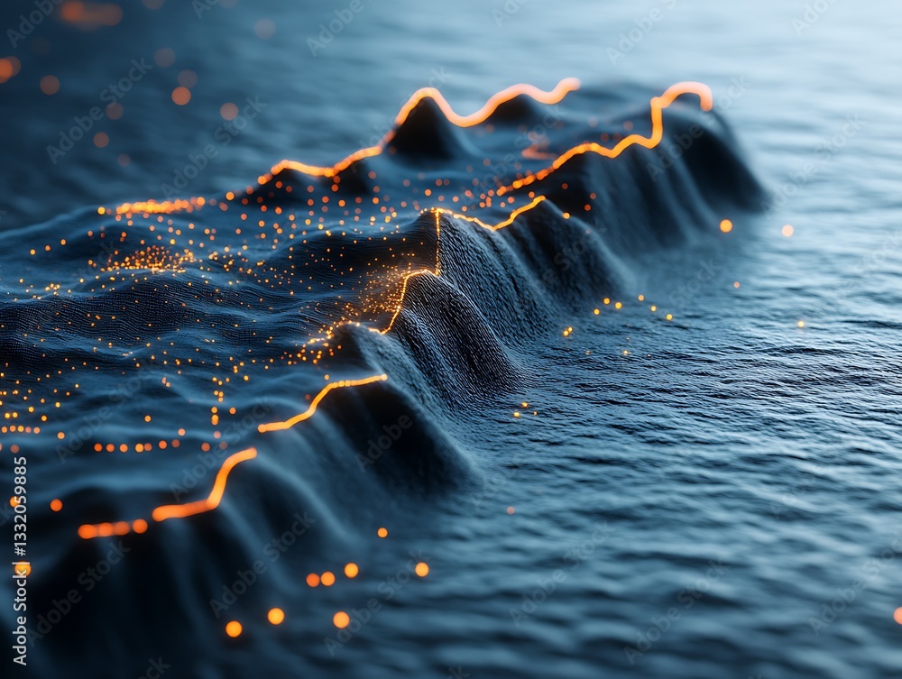 Poster digital abstract landscape with glowing particles and undulating terrain