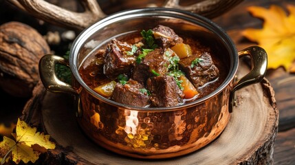 Venison stew with seasoning in copper pot on wooden surface with deer antlers and leaves.