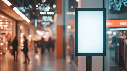 Vertical light box mockup on pole in shopping mall with blurred people in background