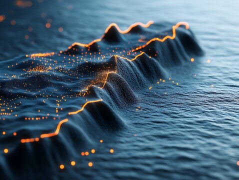 Digital abstract landscape with glowing particles and undulating terrain