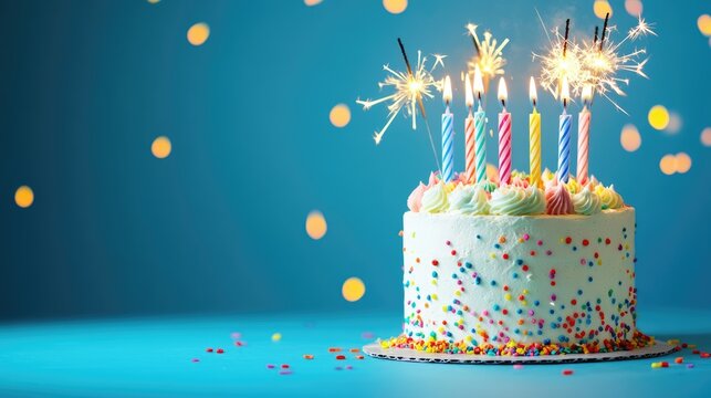 Vibrant birthday cake with colorful candles and sparklers on blue background