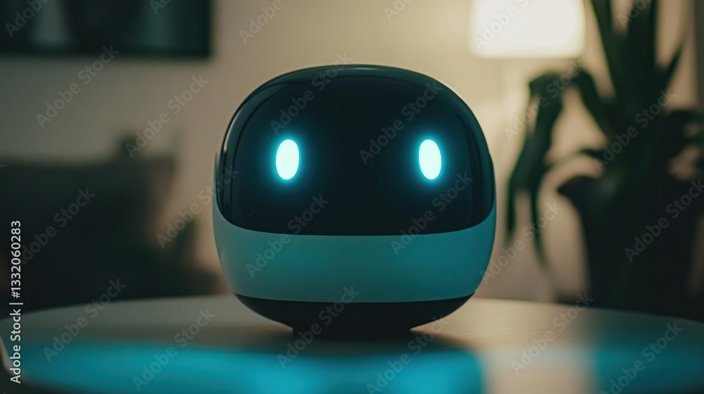 Aufkleber an artificial intelligence robot with glowing eyes sits on a table