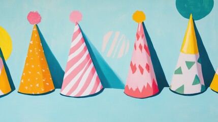 Vibrant party hats on pale blue backdrop