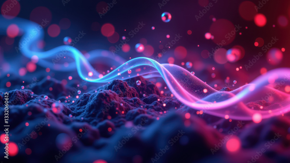 Poster intricate molecular structure with vibrant colors, floating in a cosmic-like space filled with parti
