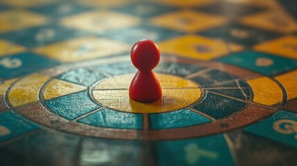 A red game piece sits on a colorful circular game board