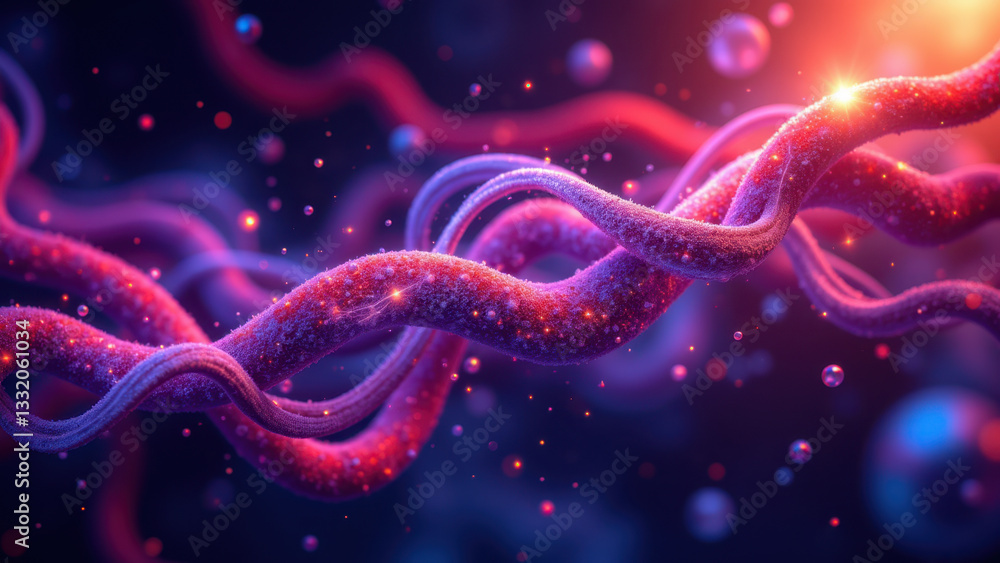 Poster a highly detailed 3d rendering of a molecule, possibly dna or rna, with a futuristic and vibrant col
