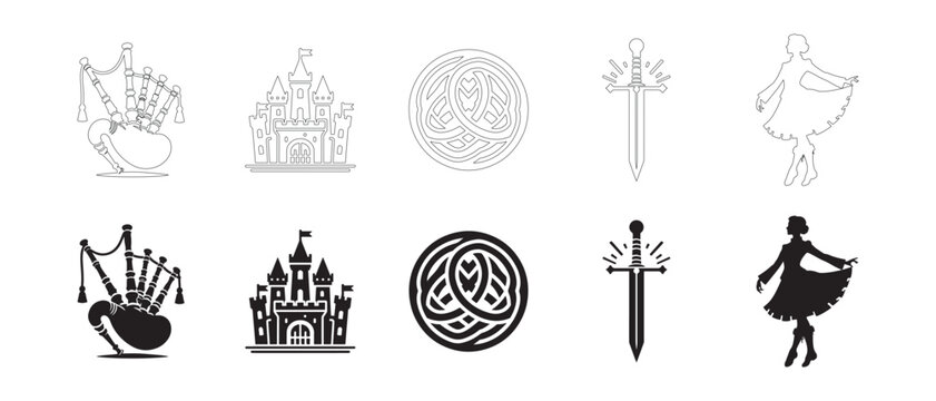 Scottish Heritage Icons Set. Editable minimalist and outline vector icons.