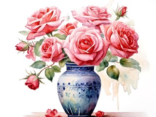 Pink Roses in a Blue and White Vase
