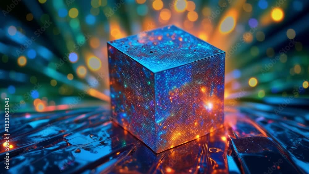 Poster Colorful geometric cube with intricate patterns and reflections on a vibrant background showcasing light effects and dynamic energy in an abstract artistic composition