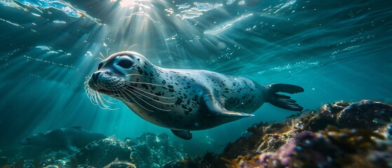 Fototapeta premium Magnificent harbor seal drift weightlessly through ocean bathed dappled sunlight filtering through wave deep blue background gradually fade into darkness enhancing seal presence immersive underwater