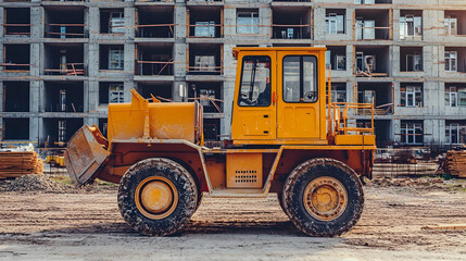 Obraz premium Yellow loader at apartment construction site