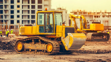 Yellow bulldozer on construction site, city background, urban development, heavy machinery