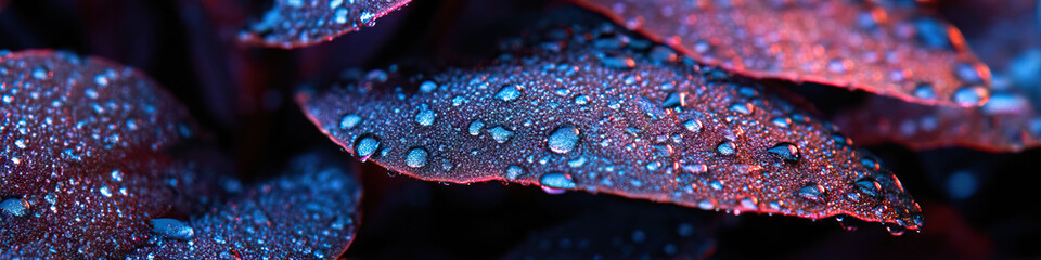 Obraz premium Dew-Covered Leaves with Blue and Orange Illumination