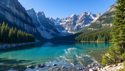 A crystal-clear alpine lake surrounded by towering mountains and evergreen trees.