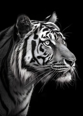 A close-up portrait of a tiger's face in black and white against a dark background