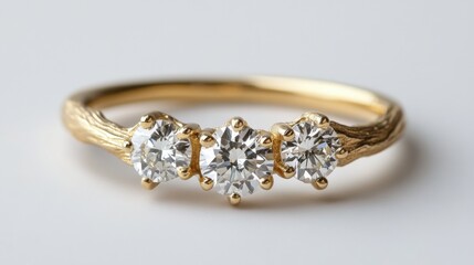 Elegant gold trilogy ring with brilliant diamonds close-up