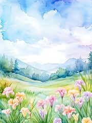 Watercolor Landscape with Blooming Flowers