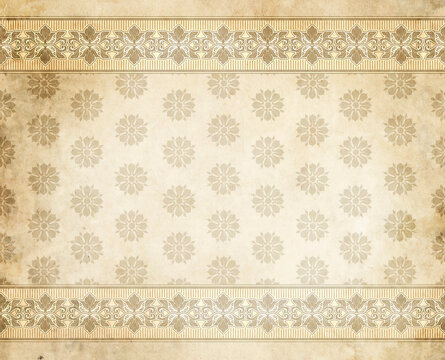 Aged grunge dirty paper background with decorative ornamental border.