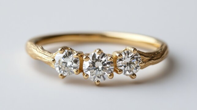 Elegant gold trilogy ring with brilliant diamonds close-up