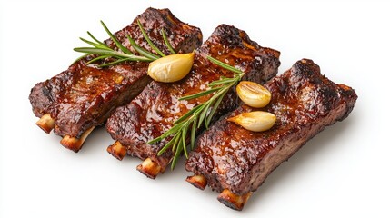 Food diversity international cultural. Succulent grilled ribs garnished with garlic and rosemary, showcasing an appetizing presentation perfect for meat lovers.