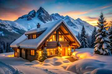 Naklejka premium Beautiful snow covered house in the mountains