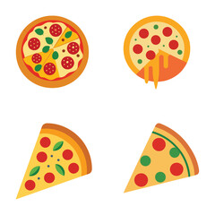 Vector set of pizza icons with toppings like cheese, pepperoni, vegetables, and sausage for a tasty Italian meal