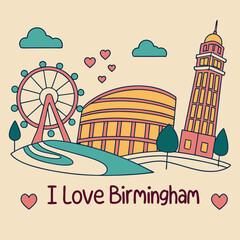 Naklejka premium I Love Birmingham - Iconic Landmarks Illustration