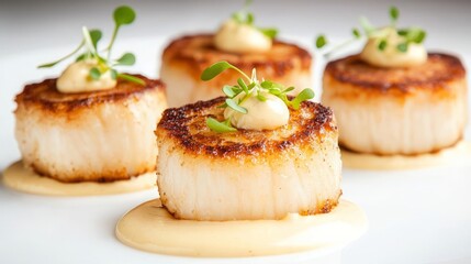 Food diversity international cultural. Plated scallops garnished with microgreens and a creamy sauce, showcasing gourmet culinary art.