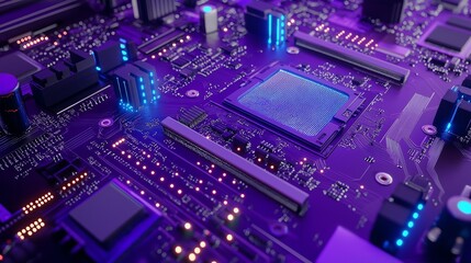 Obraz premium An advanced violet electronic board with metallic silver nodes, glowing blue processors, highly detailed circuits forming an intricate motherboard design.