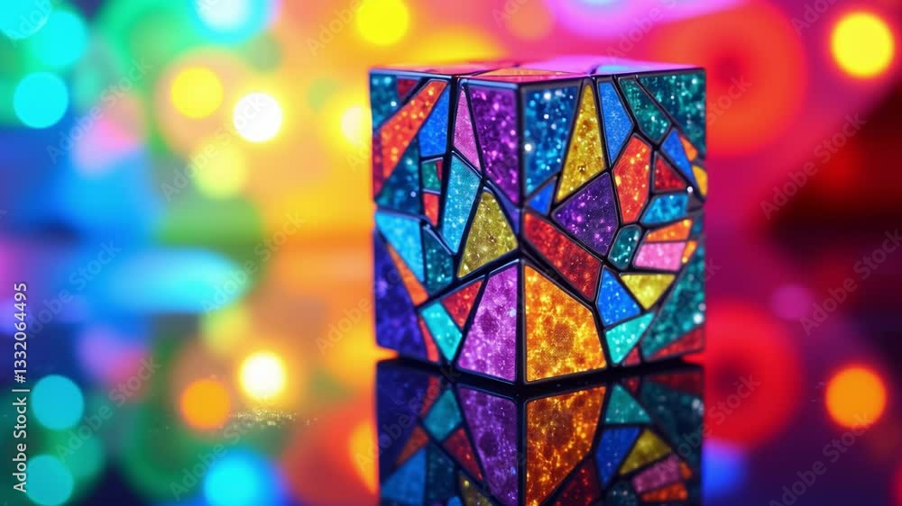 Poster Colorful geometric cube with intricate patterns and reflections on a vibrant background showcasing light effects and dynamic energy in an abstract artistic composition