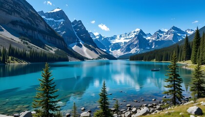 A crystal-clear alpine lake surrounded by towering mountains and evergreen trees.