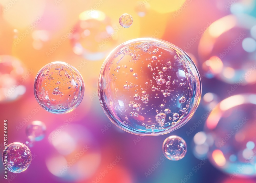 Poster colorful bubbles floating in a dreamy background, creating a whimsical and light atmosphere.