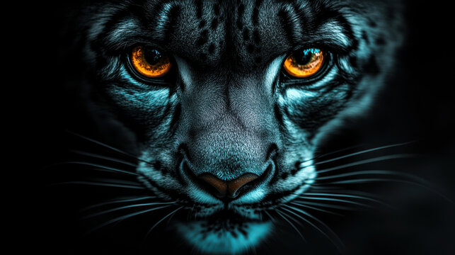A close-up of a snow leopard's face, intense golden eyes glowing under moody teal and amber lighting, each fur strand sharply defined - Powered by Adobe