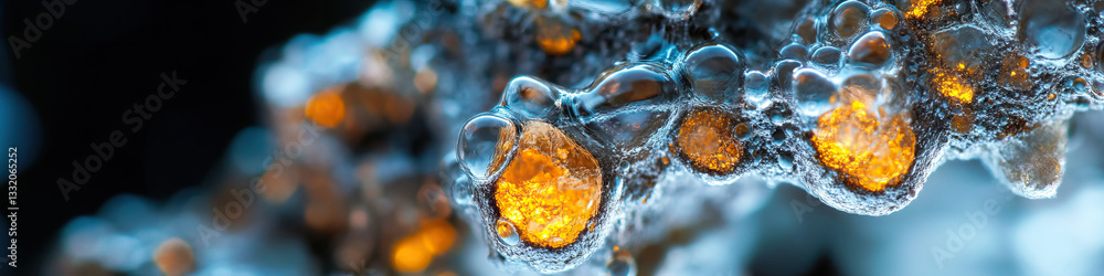 Poster microscopic image of textured substance with amber nodules and bubbles