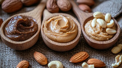 Fototapeta premium Three Wooden Spoons Holding Different Nut Butters with Nuts