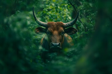Cow looks straight at camera in green jungle foliage
