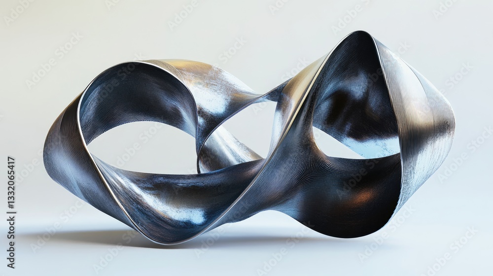Poster abstract metallic sculpture with smooth curves and reflective surface on a soft background