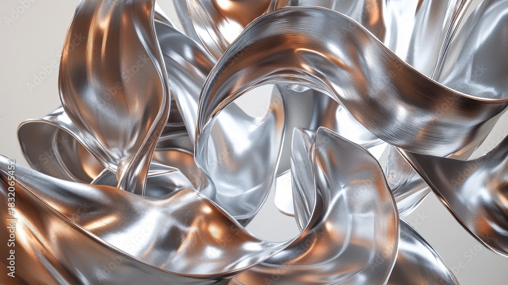 Poster abstract sculpture of flowing metallic forms with curves and reflections