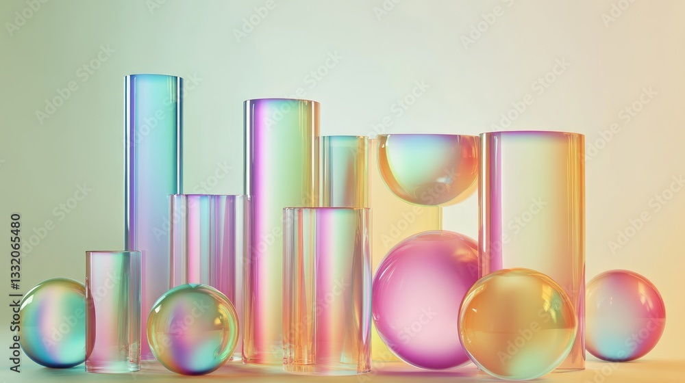Poster colorful transparent glass objects displaying refraction and light effects on a soft background