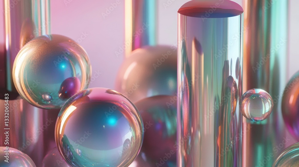 Poster abstract composition of colorful spheres and cylinders with iridescent surface in soft pastel backgr