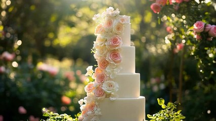 Elegant four-tier wedding cake adorned with delicate pink and white roses in lush garden setting during the golden hour